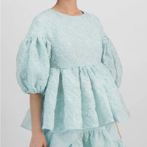 CECILIE BAHNSEN Jerry Matelassé Peplum Top In Aqua Size 6